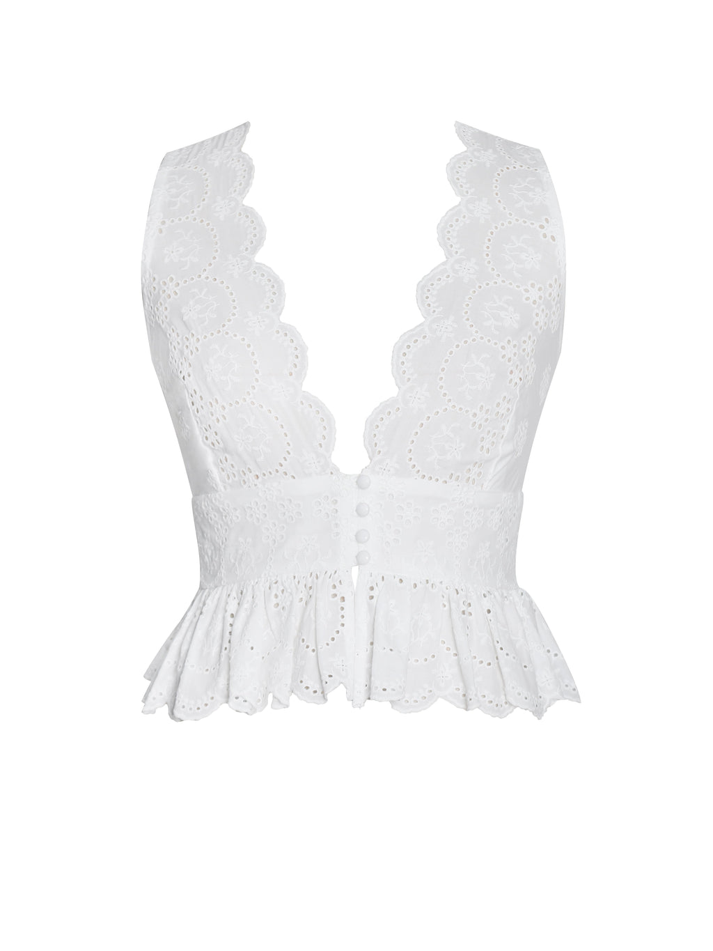 Raia White Eyelet Wave Trim Crop Vest Top - HOUSE OF SHE