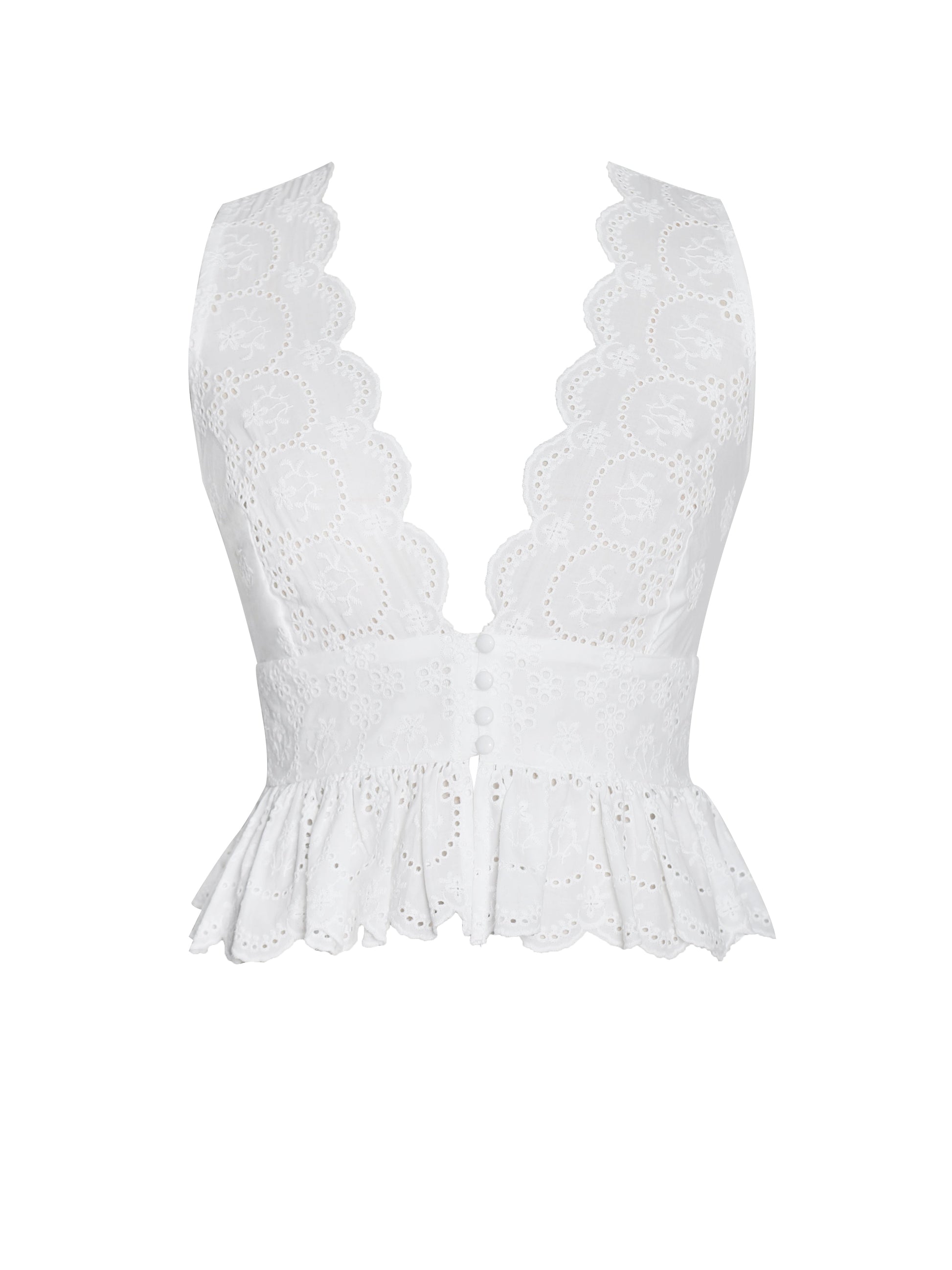 Raia White Eyelet Wave Trim Crop Vest Top - HOUSE OF SHE