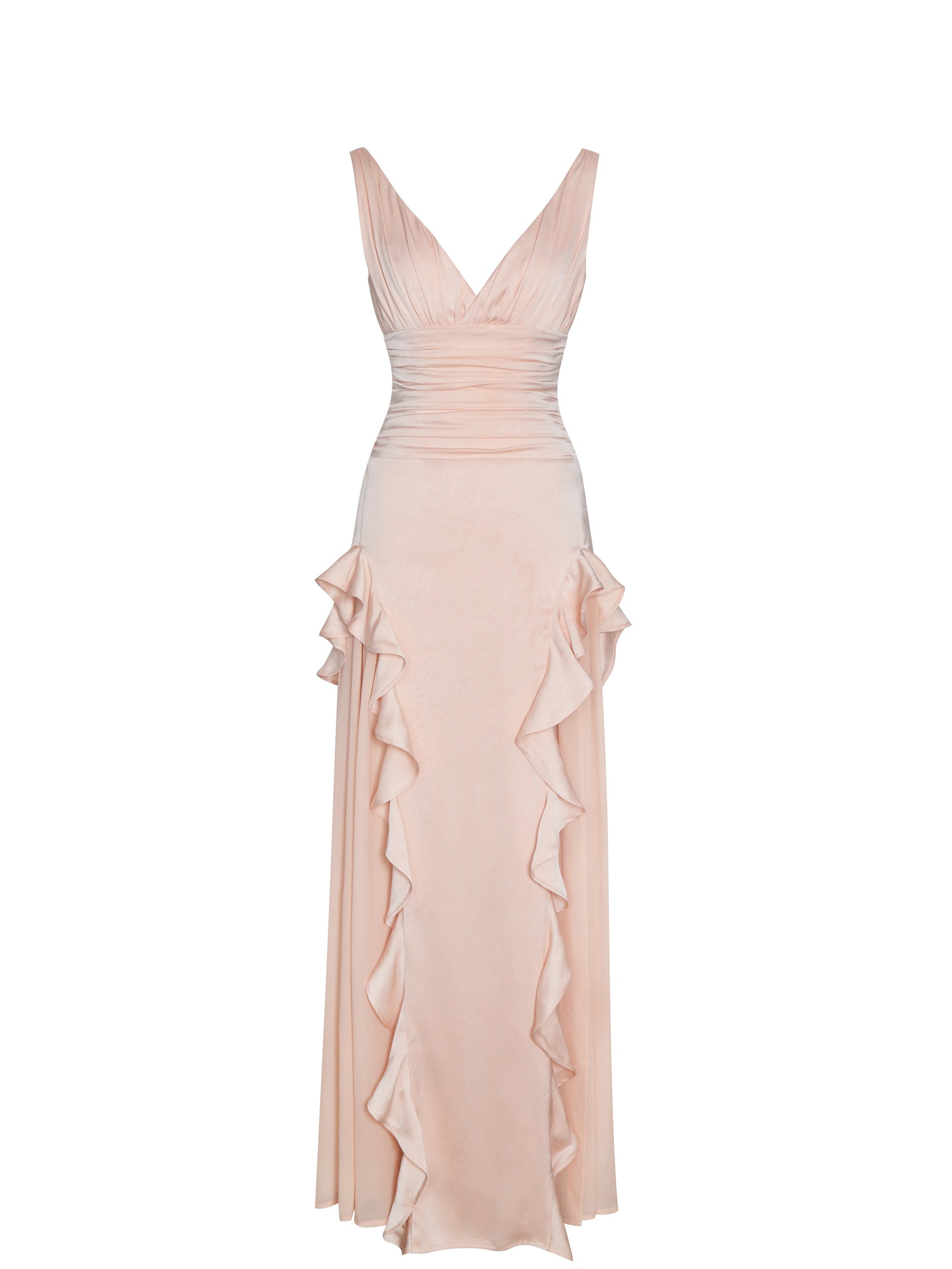 Talyssa Baby Pink Ruched Waist Double High Slit Maxi Gown - HOUSE OF SHE