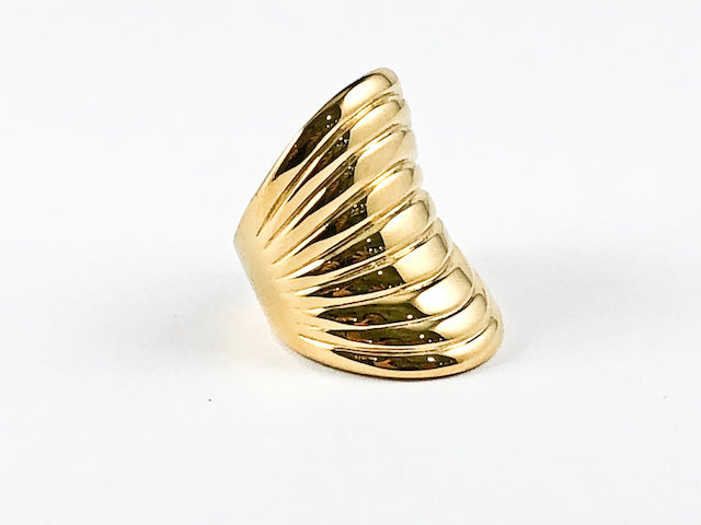 Modern Long Layered Band Design Gold Tone Steel Ring  HOUSE OF SHE