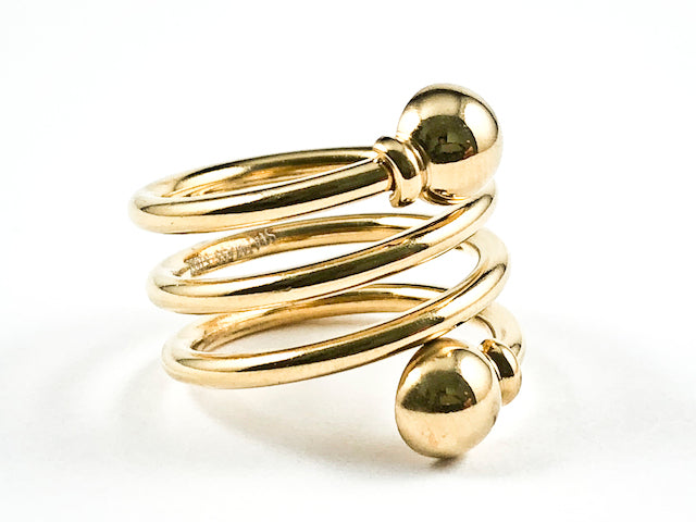 Nice Modern Open Swirl Shape With Round End Caps Shiny Metallic Gold Tone Steel Ring  HOUSE OF SHE