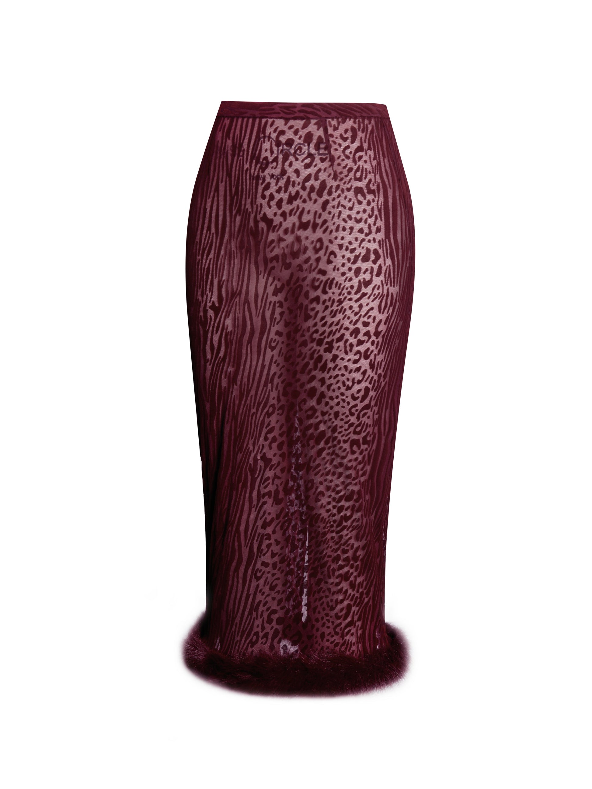 Halia Burgundy Animal Print Burnout Velvet Fur Trim Skirt - HOUSE OF SHE