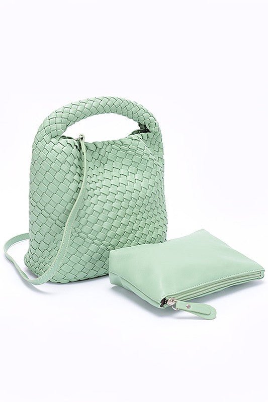 2 In 1 Weaved Faux Leather Top Handle Bag Set - HOUSE OF SHE