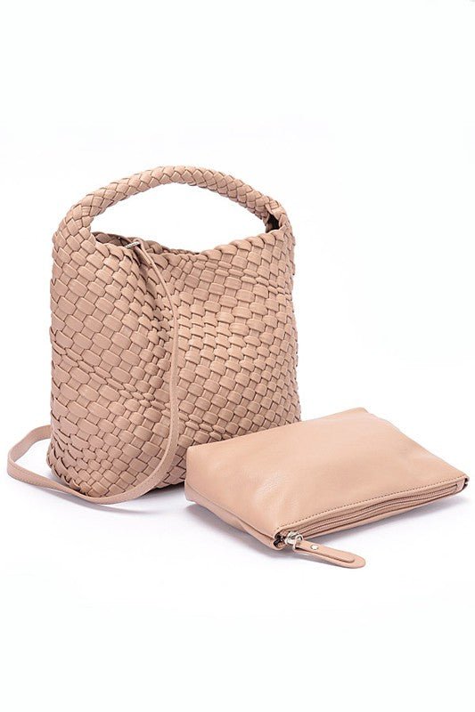2 In 1 Weaved Faux Leather Top Handle Bag Set - HOUSE OF SHE