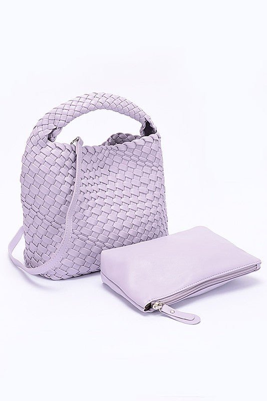 2 In 1 Weaved Faux Leather Top Handle Bag Set - HOUSE OF SHE