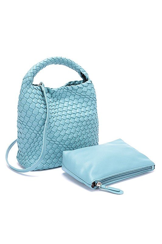 2 In 1 Weaved Faux Leather Top Handle Bag Set - HOUSE OF SHE
