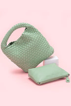 2 In 1 Weaved Faux Leather Top Handle Bag Set - HOUSE OF SHE