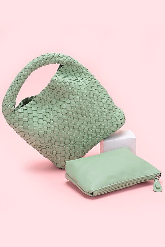 2 In 1 Weaved Faux Leather Top Handle Bag Set - HOUSE OF SHE