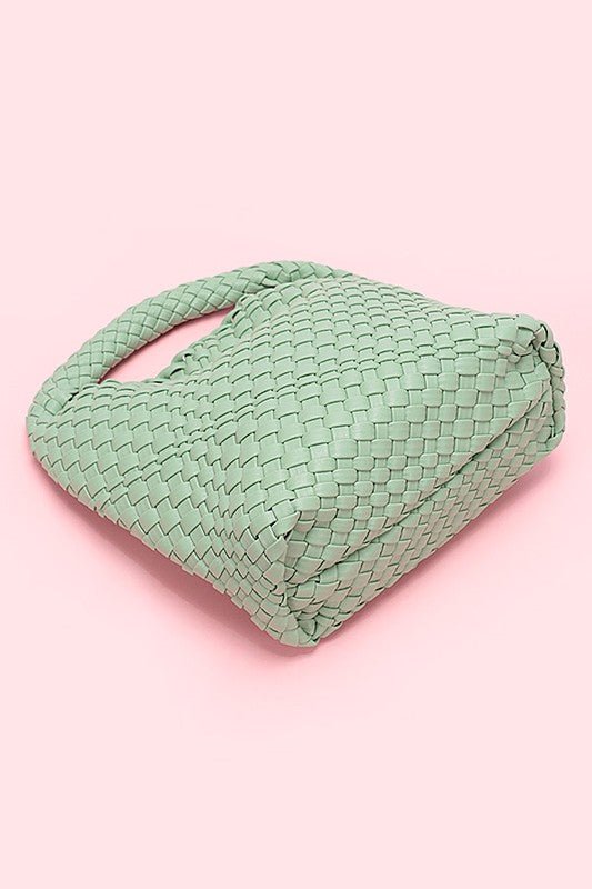 2 In 1 Weaved Faux Leather Top Handle Bag Set - HOUSE OF SHE