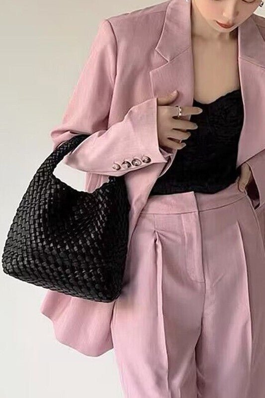 2 In 1 Weaved Faux Leather Top Handle Bag Set - HOUSE OF SHE