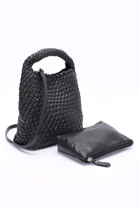 2 In 1 Weaved Faux Leather Top Handle Bag Set - HOUSE OF SHE