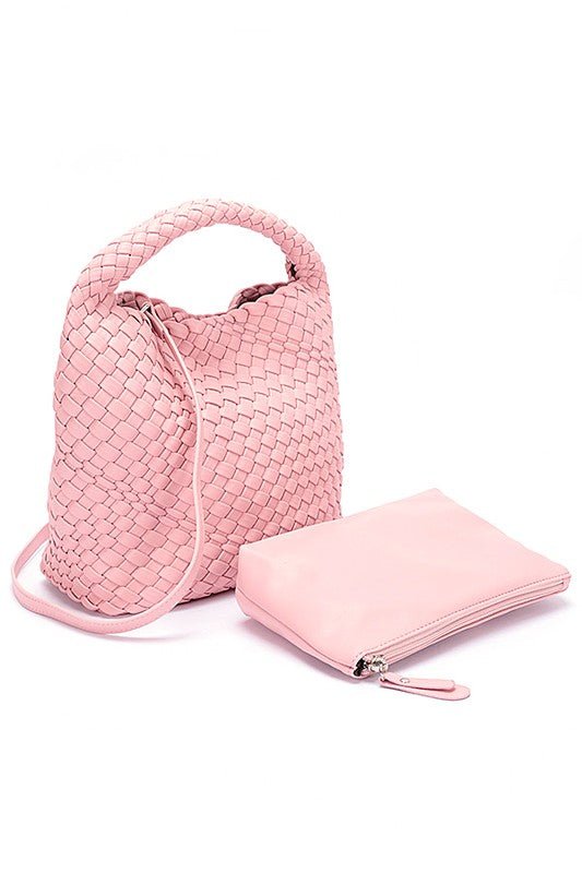 2 In 1 Weaved Faux Leather Top Handle Bag Set - HOUSE OF SHE