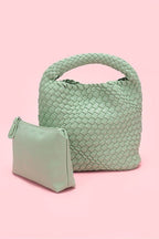 2 In 1 Weaved Faux Leather Top Handle Bag Set - HOUSE OF SHE