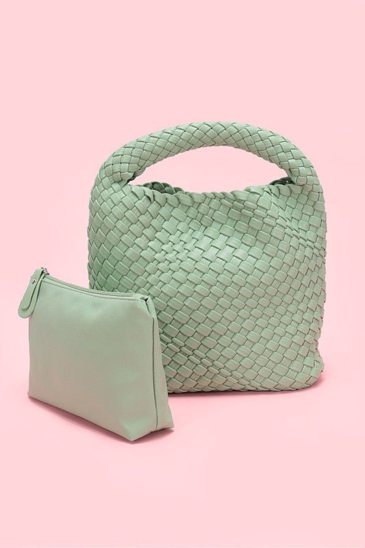 2 In 1 Weaved Faux Leather Top Handle Bag Set - HOUSE OF SHE