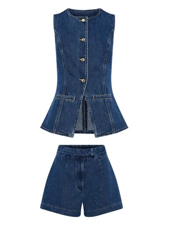 2 piece set denim shorts and sleeveless top - HOUSE OF SHE