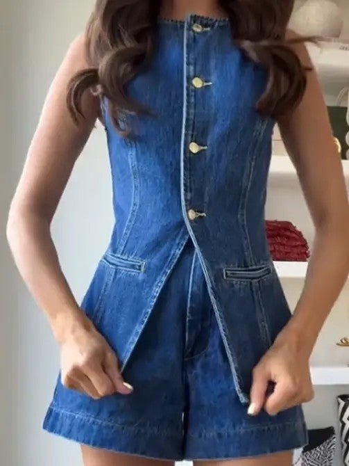 2 piece set denim shorts and sleeveless top - HOUSE OF SHE