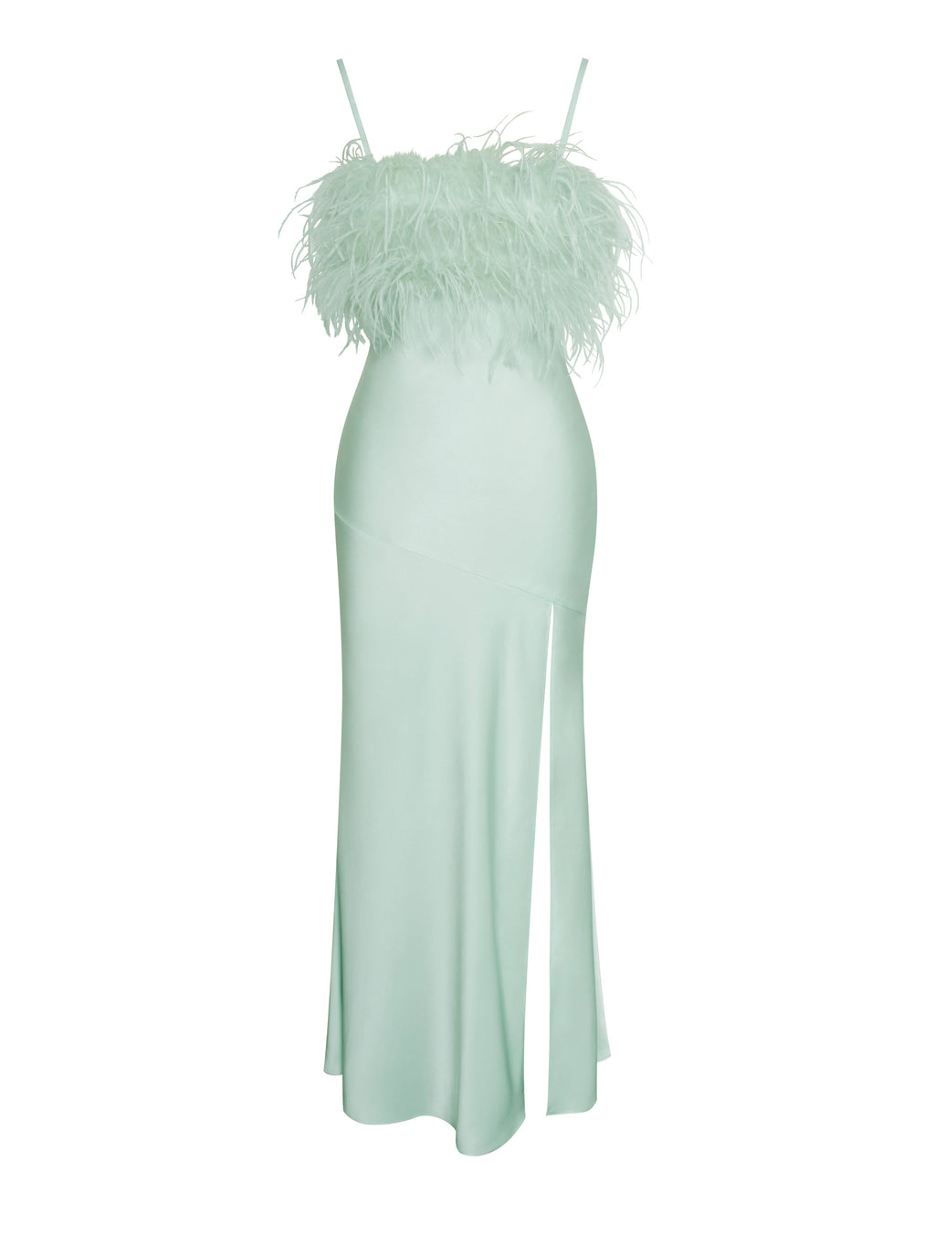 Yanira Mint Feather High Slit Satin Maxi Dress  HOUSE OF SHE