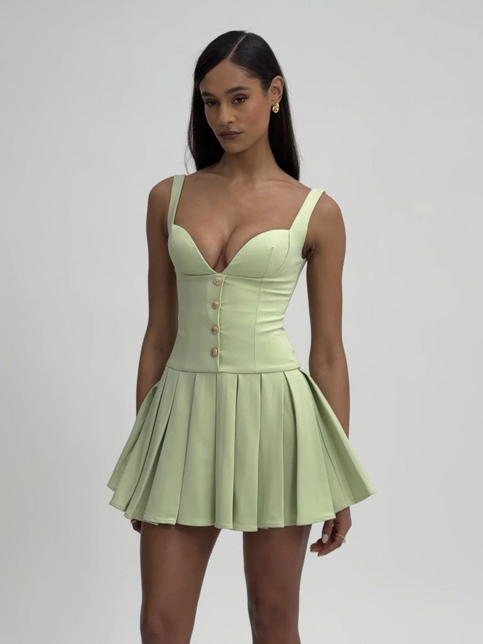 Tala Pistachio Green Sleeveless Pleated Preppy Mini Dress - HOUSE OF SHE