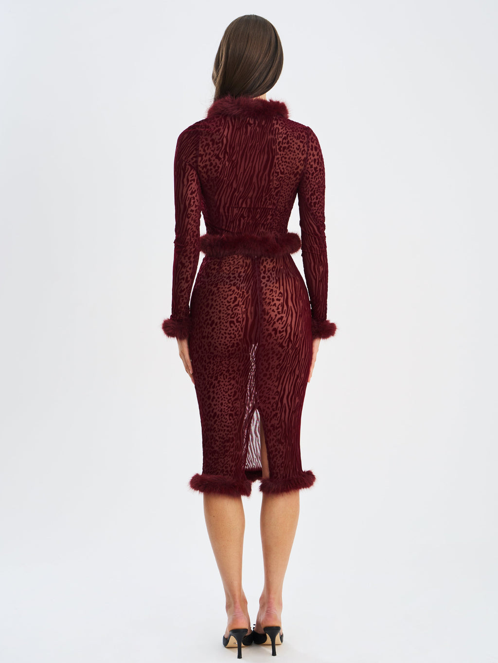 Hali Burgundy Animal Print Burnout Velvet Fur Trim Top - HOUSE OF SHE