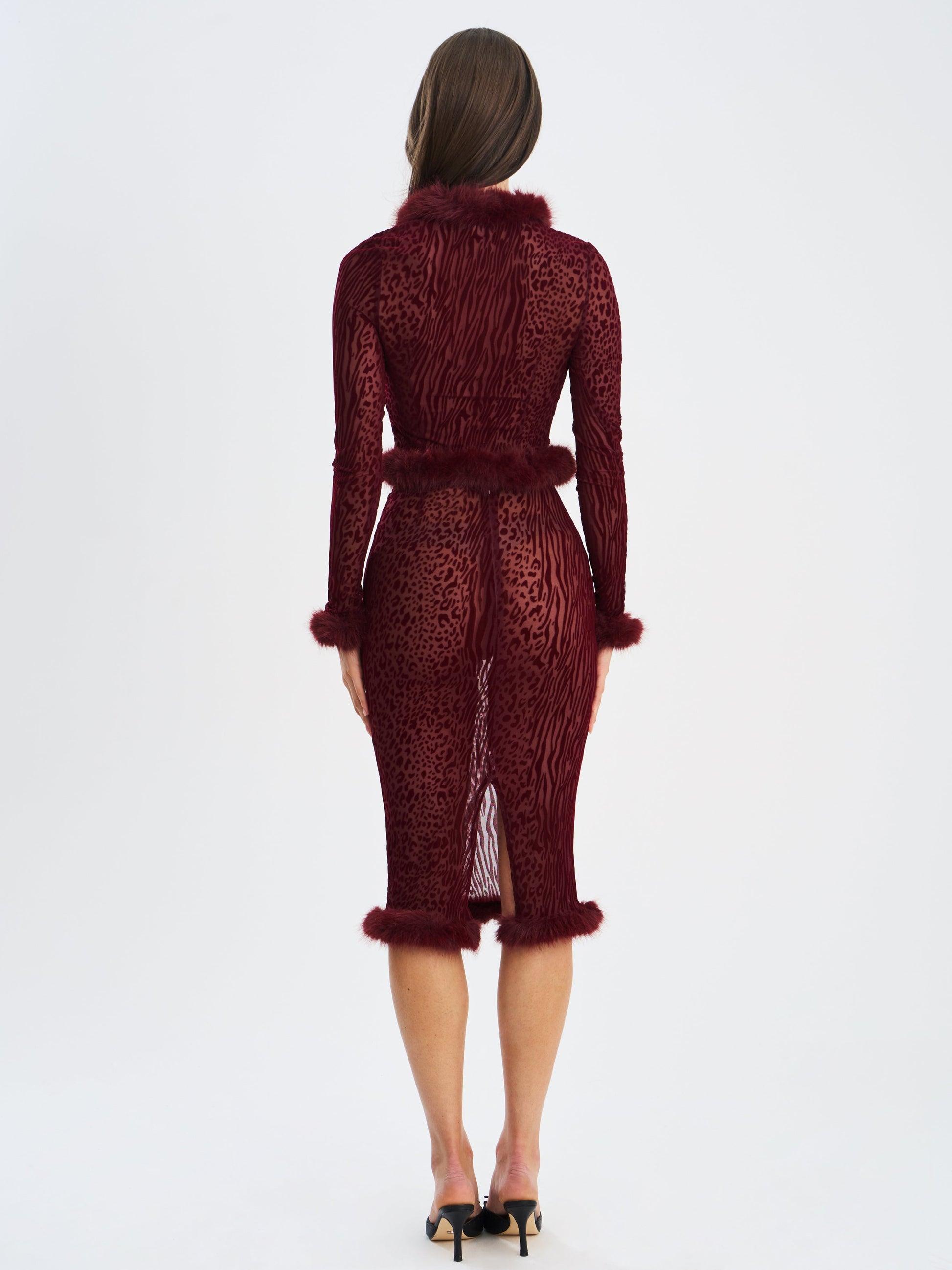 Hali Burgundy Animal Print Burnout Velvet Fur Trim Top - HOUSE OF SHE