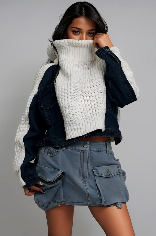 Denim and Knit Multi Fabric Jacket - HOUSE OF SHE