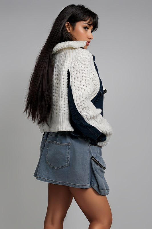 Denim and Knit Multi Fabric Jacket - HOUSE OF SHE