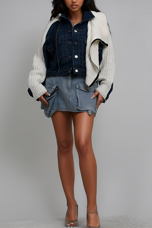 Denim and Knit Multi Fabric Jacket - HOUSE OF SHE