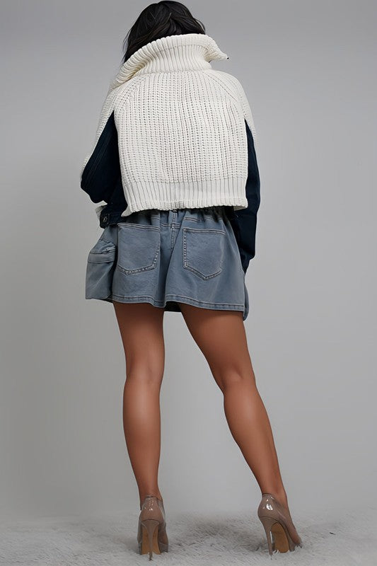 Denim and Knit Multi Fabric Jacket - HOUSE OF SHE