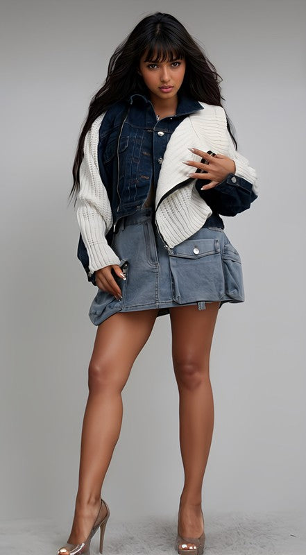 Denim and Knit Multi Fabric Jacket - HOUSE OF SHE
