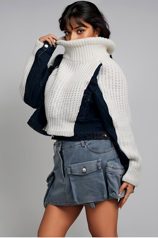Denim and Knit Multi Fabric Jacket - HOUSE OF SHE