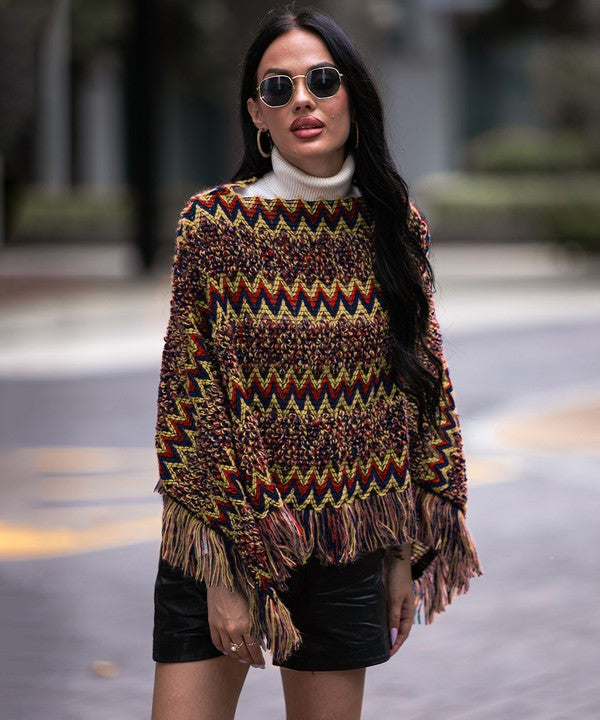 Red Fringe Trim Batwing Sleeve Poncho Sweater - HOUSE OF SHE