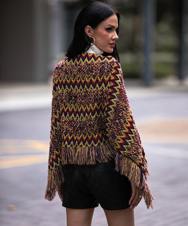Red Fringe Trim Batwing Sleeve Poncho Sweater - HOUSE OF SHE