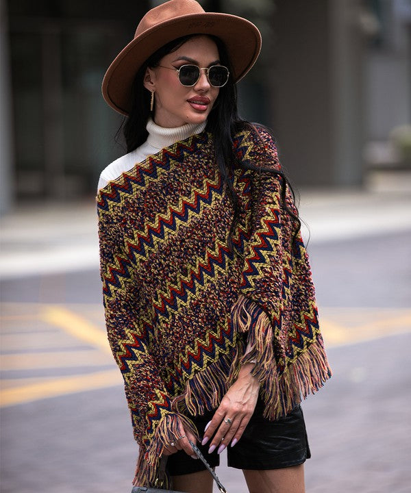 Red Fringe Trim Batwing Sleeve Poncho Sweater - HOUSE OF SHE