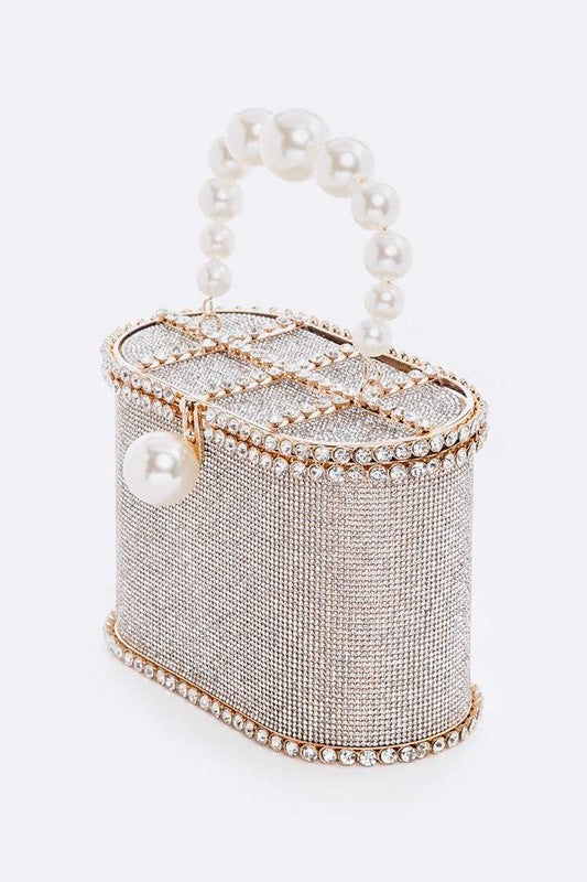 Pearl Handle Iconic Rhinestone Box Clutch - HOUSE OF SHE
