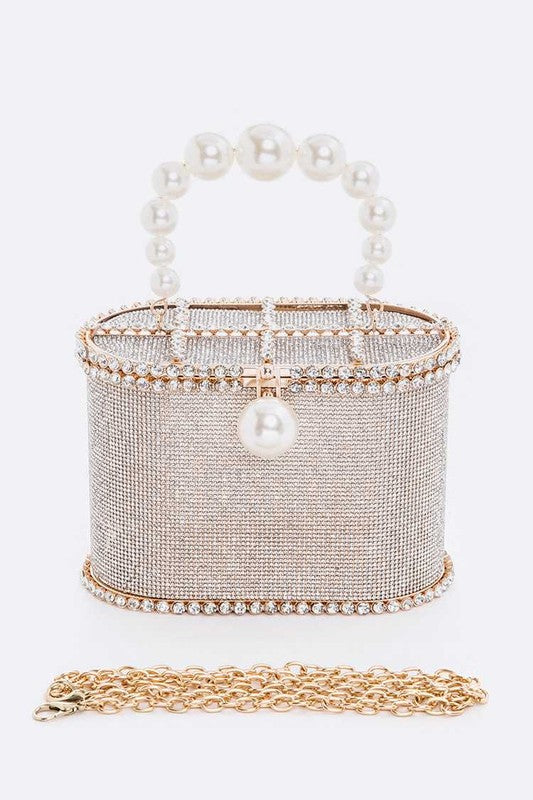 Pearl Handle Iconic Rhinestone Box Clutch - HOUSE OF SHE