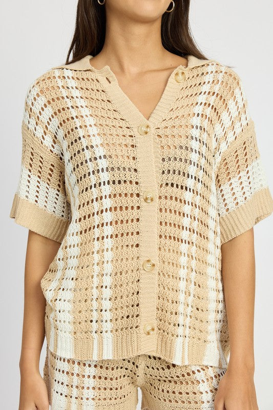 Button Up Striped Crochet Top  HOUSE OF SHE