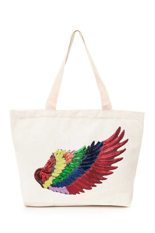 Rainbow Sequins Wing Patch Canvas Tote Bag - HOUSE OF SHE