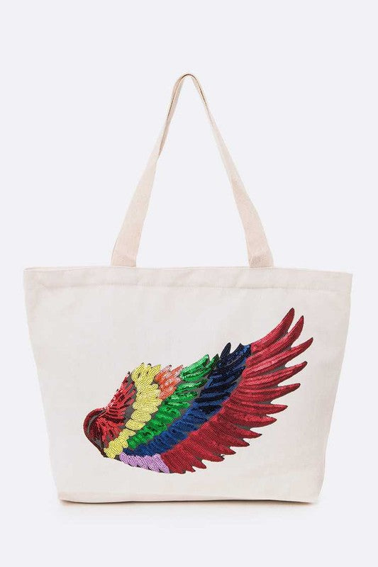 Rainbow Sequins Wing Patch Canvas Tote Bag - HOUSE OF SHE