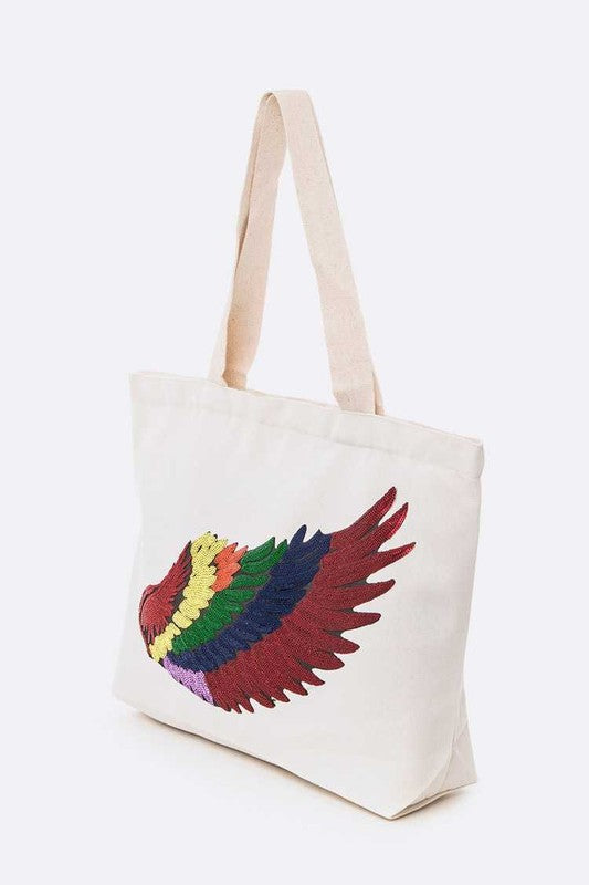 Rainbow Sequins Wing Patch Canvas Tote Bag - HOUSE OF SHE