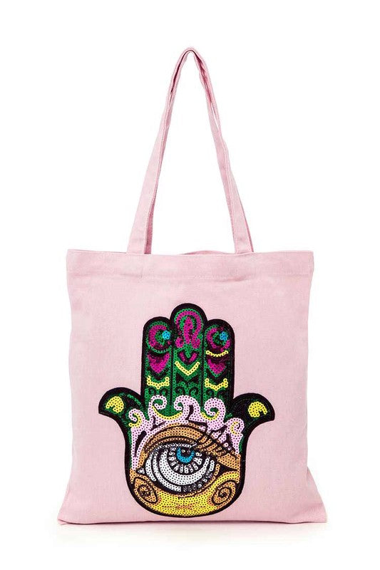 Iconic Hamsa Eye Sequins Patch Canvas Tote - HOUSE OF SHE