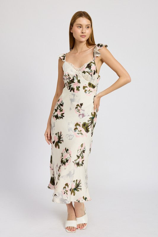 Floral Midi Dress With Lace Detail  HOUSE OF SHE