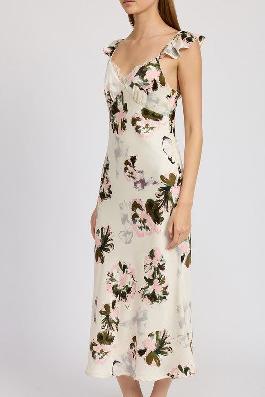 Floral Midi Dress With Lace Detail  HOUSE OF SHE