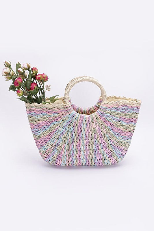 Faux Straw Round Handle Basket Tote - HOUSE OF SHE