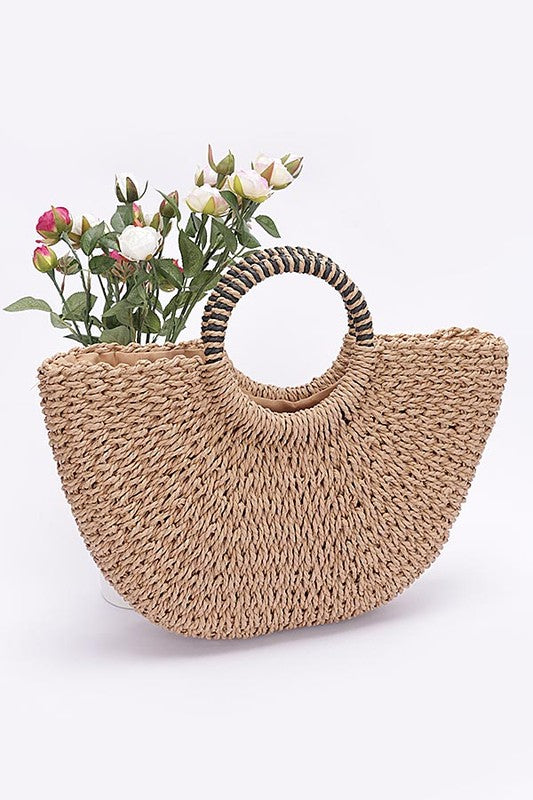 Top Handle Sea Shell Faux Straw Tote Bag - HOUSE OF SHE