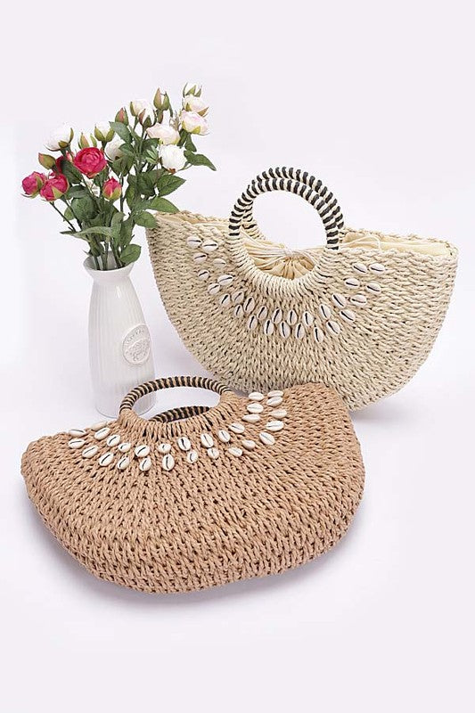 Top Handle Sea Shell Faux Straw Tote Bag - HOUSE OF SHE