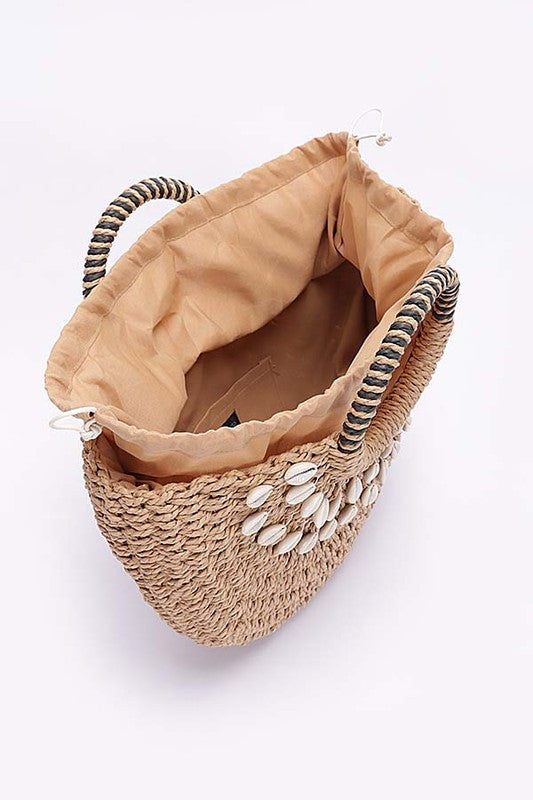 Top Handle Sea Shell Faux Straw Tote Bag - HOUSE OF SHE