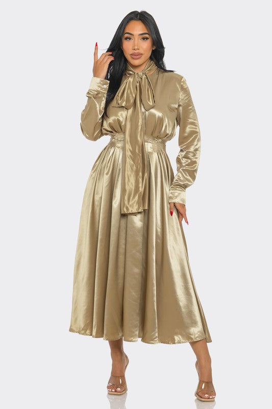 Satin Bow-Tie Midi Dress - HOUSE OF SHE