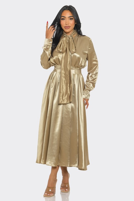 Satin Bow-Tie Midi Dress - HOUSE OF SHE