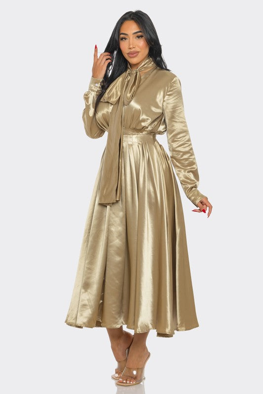 Satin Bow-Tie Midi Dress - HOUSE OF SHE