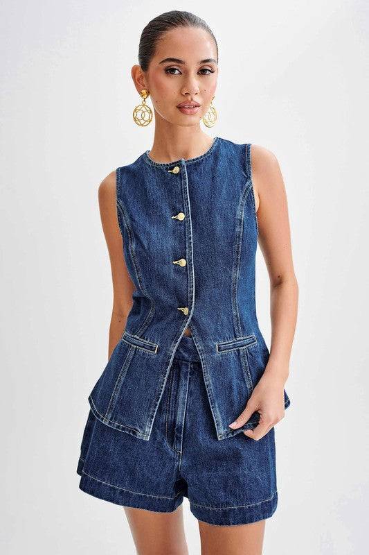 Mila Denim Two Piece Top & Shorts Set - HOUSE OF SHE